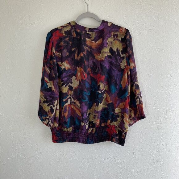 Ann Taylor Est 1954 Womens Blouse Top L Gathered Hem Bold Floral Artsy Office - Picture 2 of 8